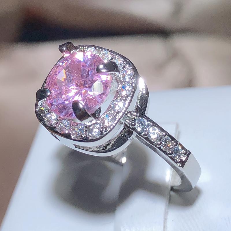 Штамп 925, Новая мода, розовое кольцо с цирконием, квадратное кольцо с четырьмя когтями, милые ювелирные изделия для свадебной вечеринки, подарки, оптовая продажа