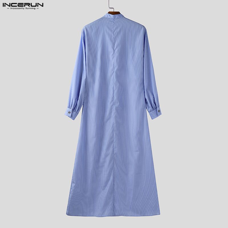 INCERUN Мужские рубашки оверсайз со стойкой, рукавами-буфами, полосатым принтом, пуговицами, высокими разрезами