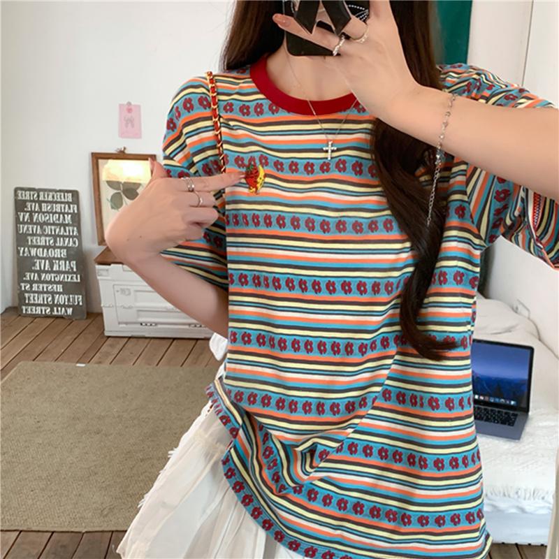 2025 летние простые футболки с коротким рукавом для женщин, модные повседневные свободные базовые футболки в синюю полоску, футболки для студентов в стиле Харадзюку, кавайные, топы для улиц y2k