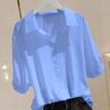 Shirt Tops Lapel Collar Half Sleeve Blouse Solid Color Loose Fit Buttons Decor Pullover