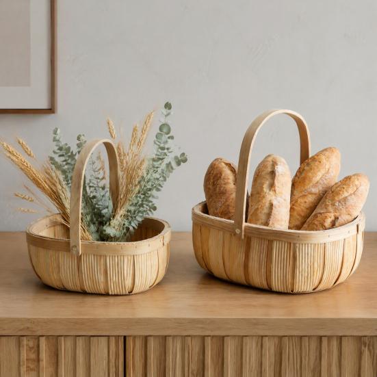 Reinforced Handle Organizer Handmade Woven Wood Storage Basket, Oval with Handle, Portable Food Serving Tray Large Capacity Bin for Kitchen