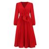 Spring and Autumn Women's Dress Solid Color Long Sleeve Slim Temperament Elegant Pleated Belt V-Neck Dresses