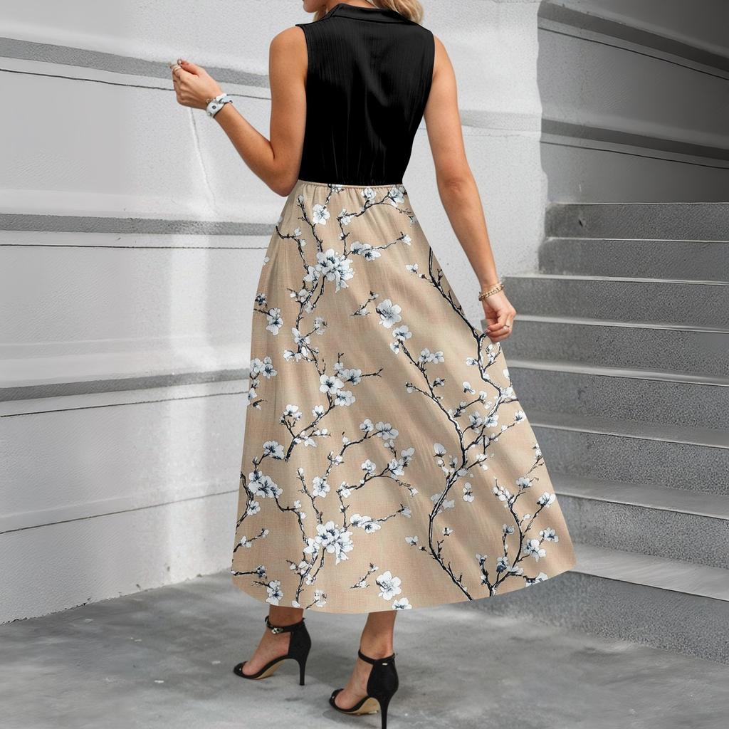 Women's Casual And Fashionable V-neck Sleeveless Printing Mid Length Dress