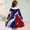Girls High Neck Long Sleeve Furry Trim Tie Waist Red White Blue Eagle Star Printed A Line Flared Dress