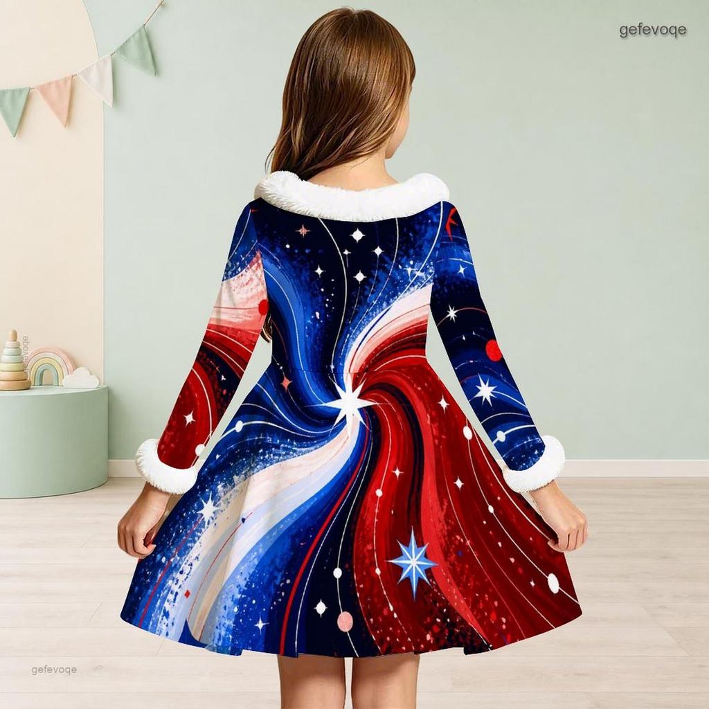 Girls High Neck Long Sleeve Furry Trim Tie Waist Red White Blue Eagle Star Printed A Line Flared Dress