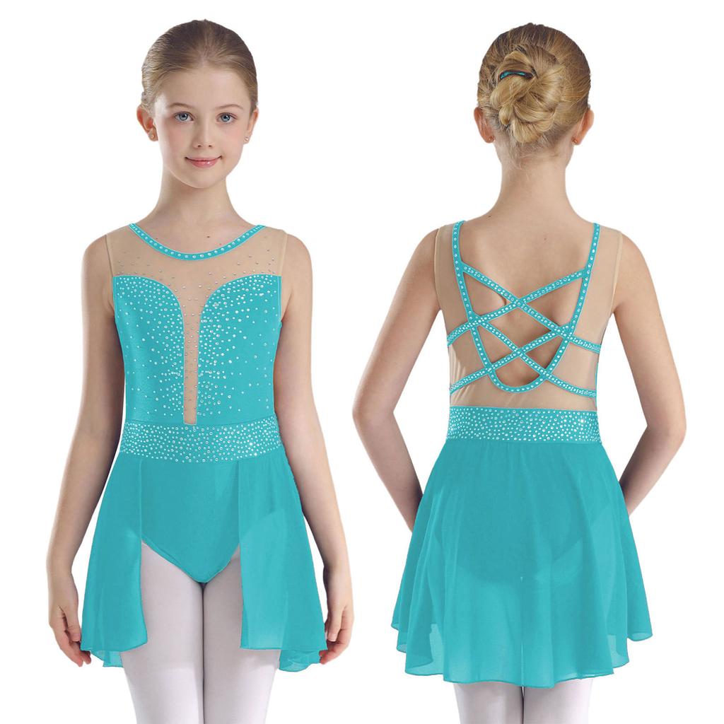 Kids Girls Ballet Lyrical Dance Figure Ice Skating Dress Hollow Back Mesh Gymnastics Leotard Dress