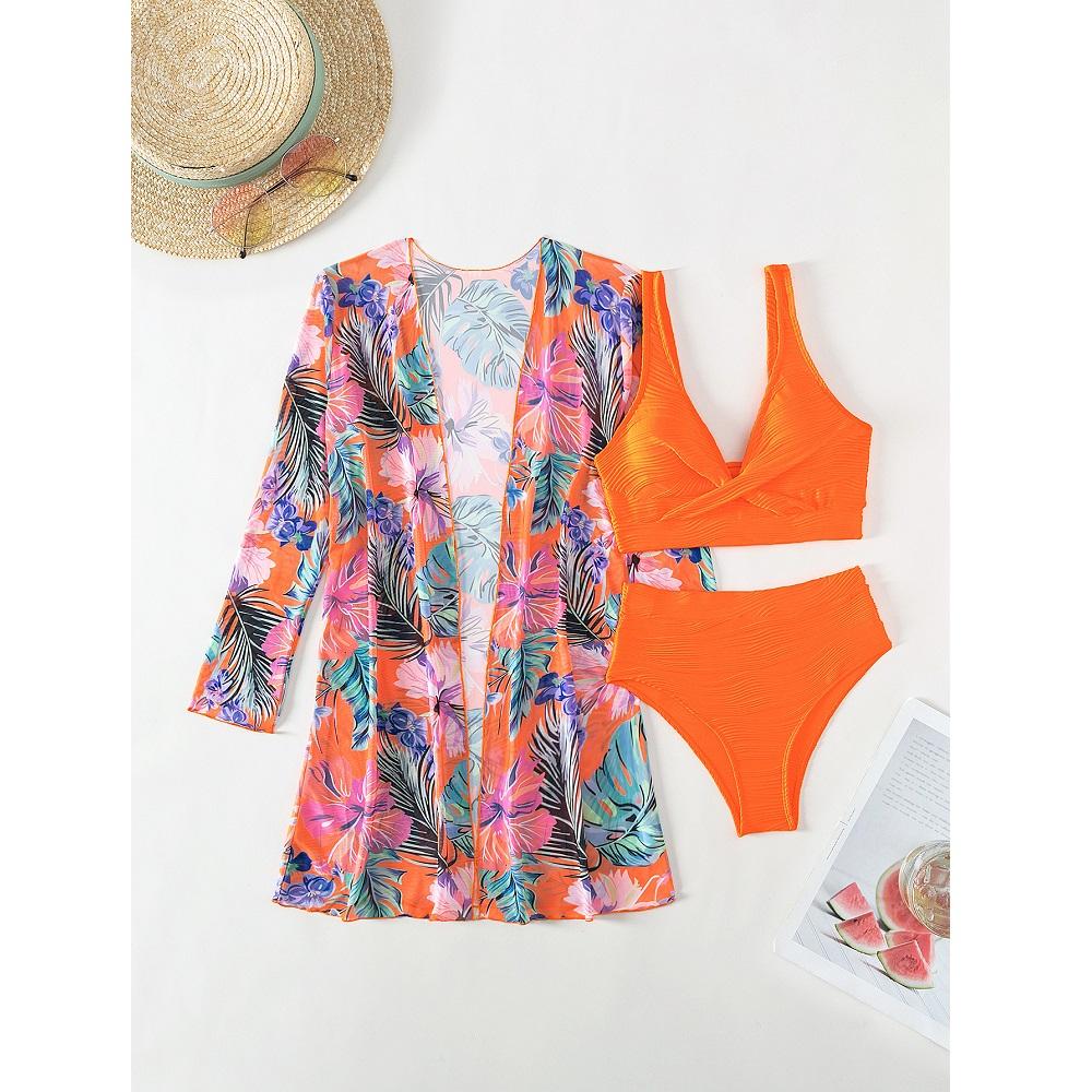 Женские комплекты бикини из трех предметов, шорты с высокой талией, купальники с длинными рукавами и принтом, пляжные бикини feminino