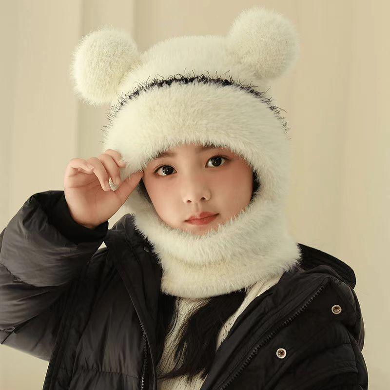 Wool Knitted Hat Girls Boys Scarf Integrated Hooded Baby Windproof Ear Protection Warm Pullover Hat Children's Hat