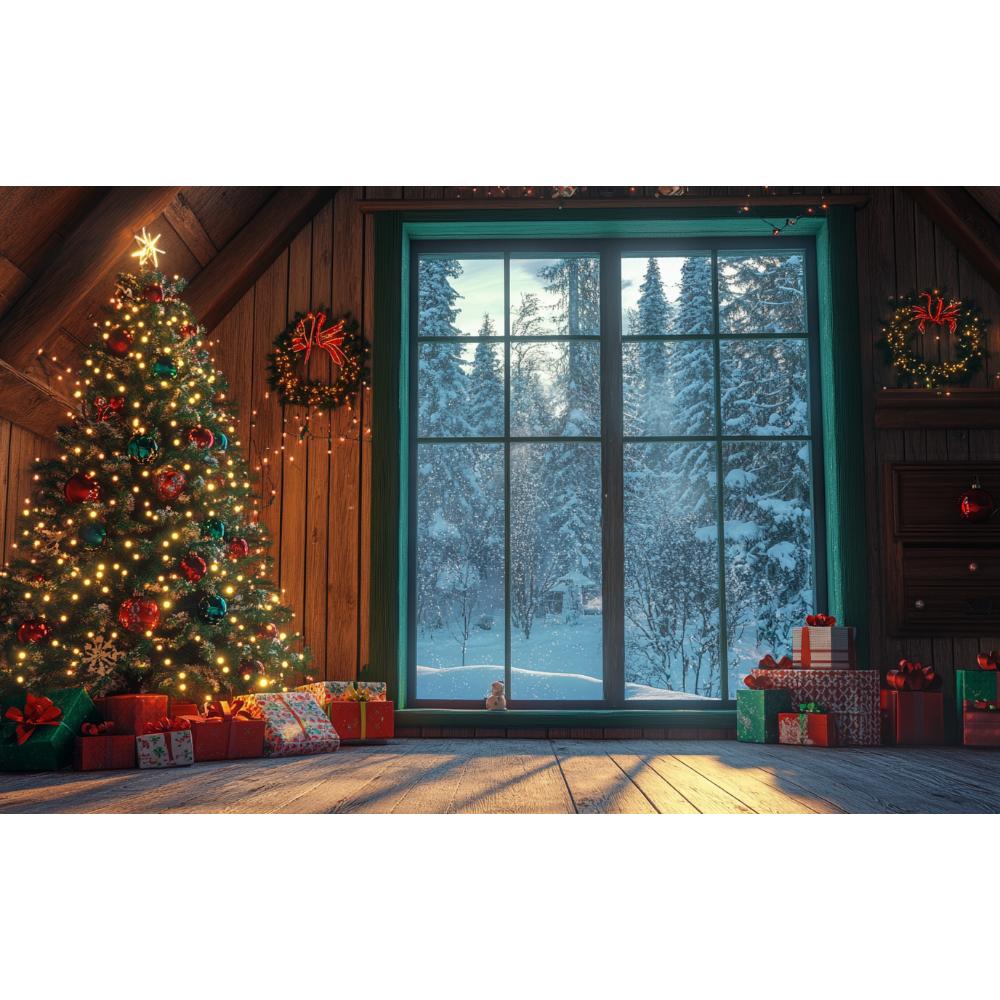 Christmas Winter Decoration Background Snow Window Forest Christmas Tree Photography Background 70.8*43.3 InchesPhoto Studio