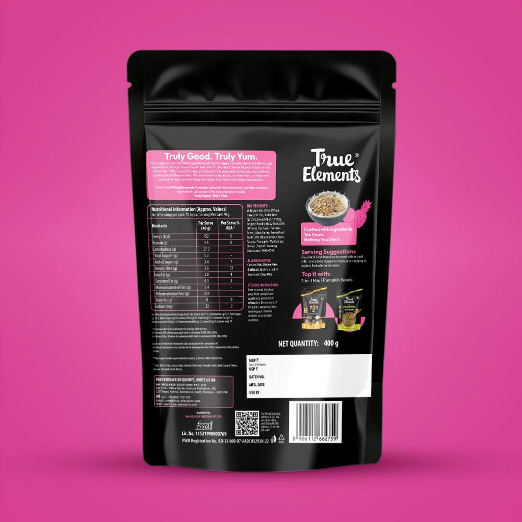 True Elements Muesli Fruits Nuts and Seeds 400gm Breakfast Cereal Wholegrain Muesli with Freeze Dried Fruits