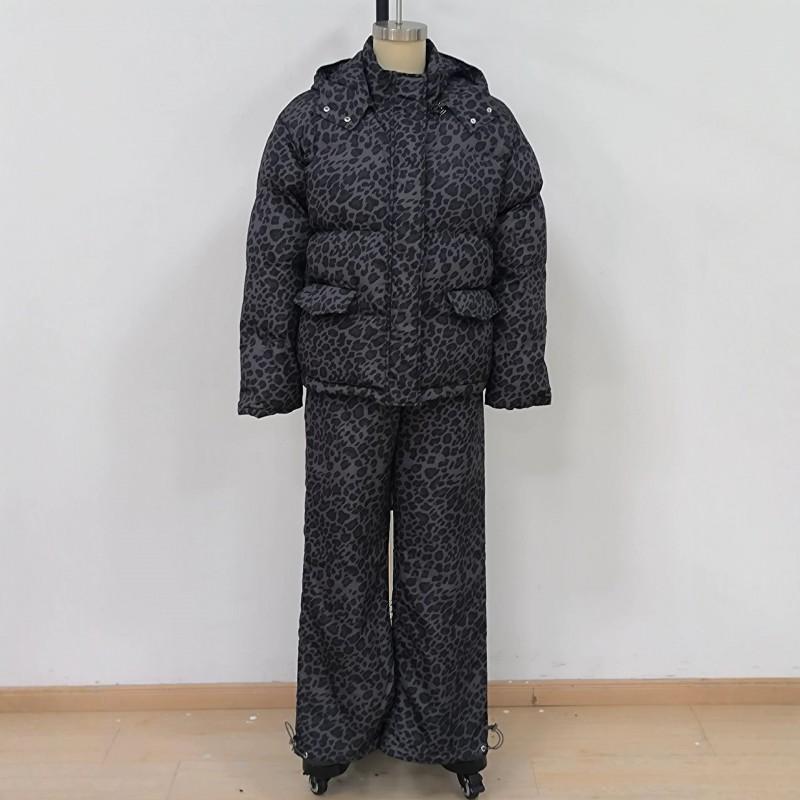 Womens 2-Piece Leopard Print Puffer Set Hooded Short Coat Wide Leg Pants Winter Streetwear