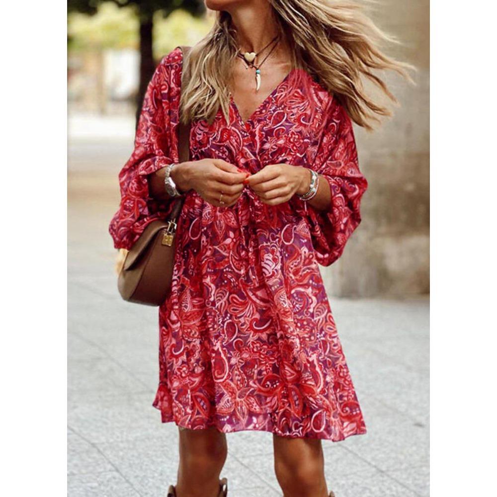 JPNTKY Women's Fashion Autumn Winter Floral Print Long Sleeve V-Neck Casual Dresses
