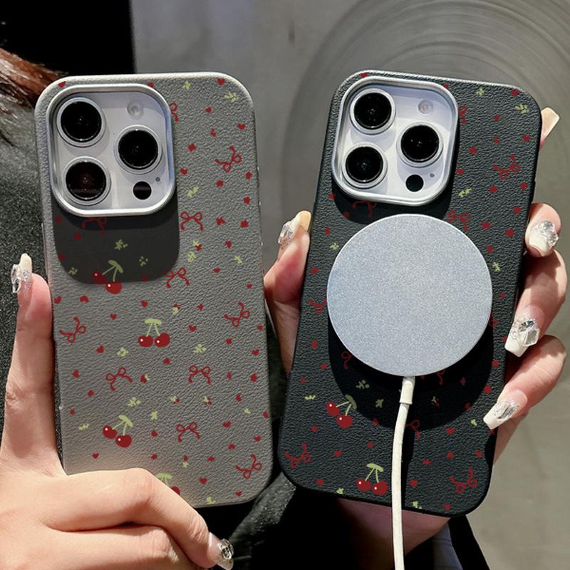 Чехол Cherry Bowknot с текстурой из кожи и тонким магнитным узором для iPhone 16 Pro Max 15 Pro 14 13 12 11 для MagSafe, противоударный, мягкий матовый чехол для телефона из ТПУ
