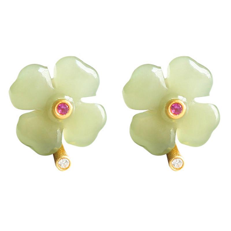 Серьги-гвоздики с четырьмя листочками клевера на удачу для девочек, серьги-гвоздики из нефрита в стиле ретро с нефритом, подарочные серьги-подвески