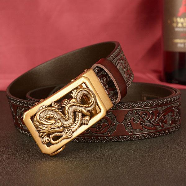 Male Belt Genuine Leather Belt for Men Carving Flower Pattern Animal Dragon Gold Automatic Buckle Belt Strap for Jeans