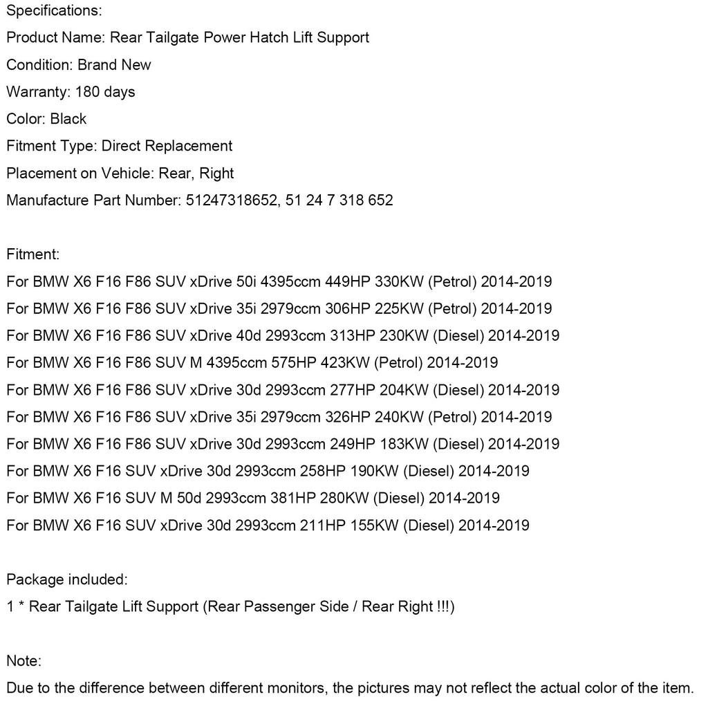Rear Right Tailgate Power Lift Support 51247318652 Fit BMW X6 F16 F86 2014-2019