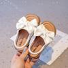 Fashion Summer Girl's Sandals Big Bowtie Pink Beige Pu Leather Holiday Kids Sliders Elastic Band Open Toe Leisure Comfy Children Shoes