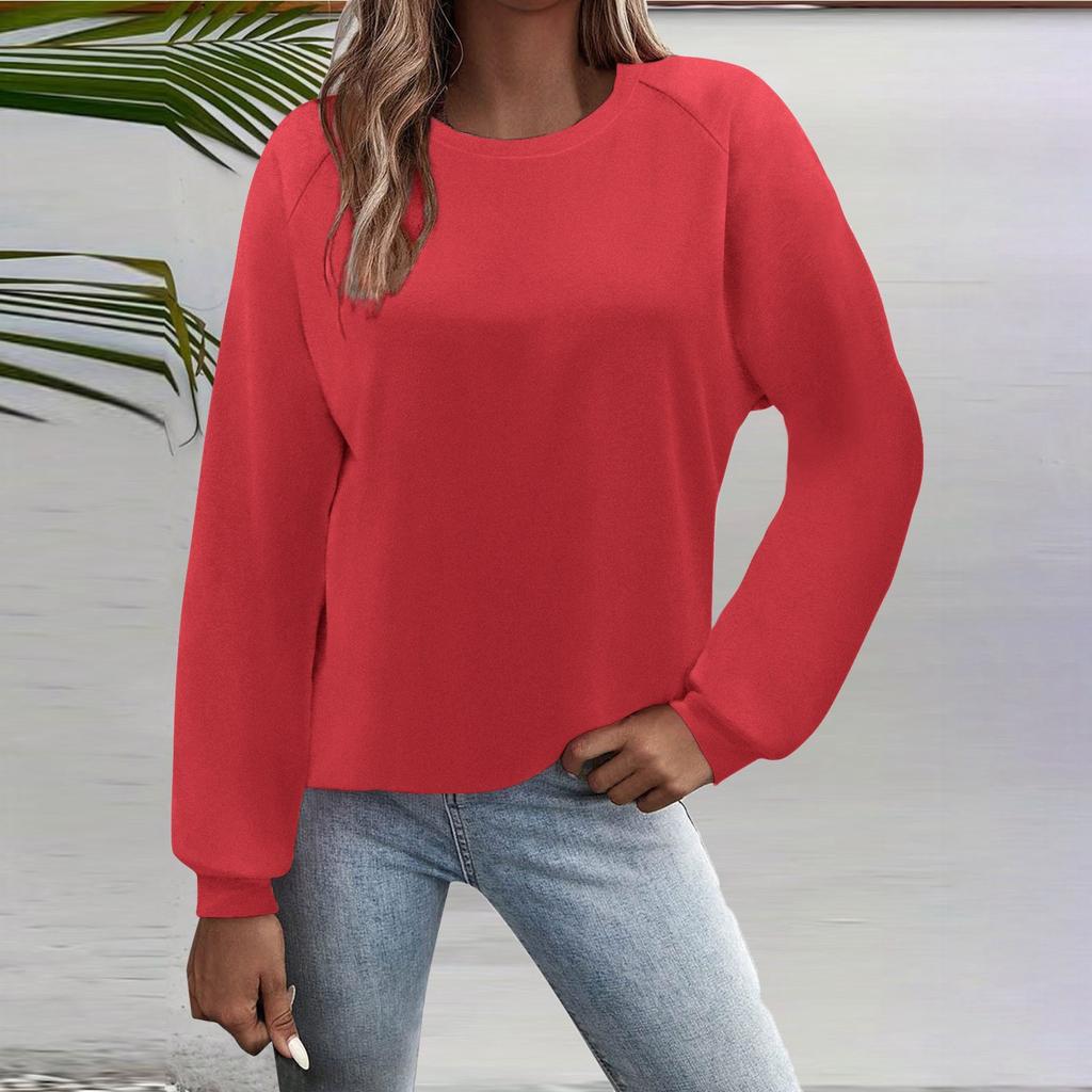 Женская мода повседневный однотонный круглый вырез рукав длинный рукав топ