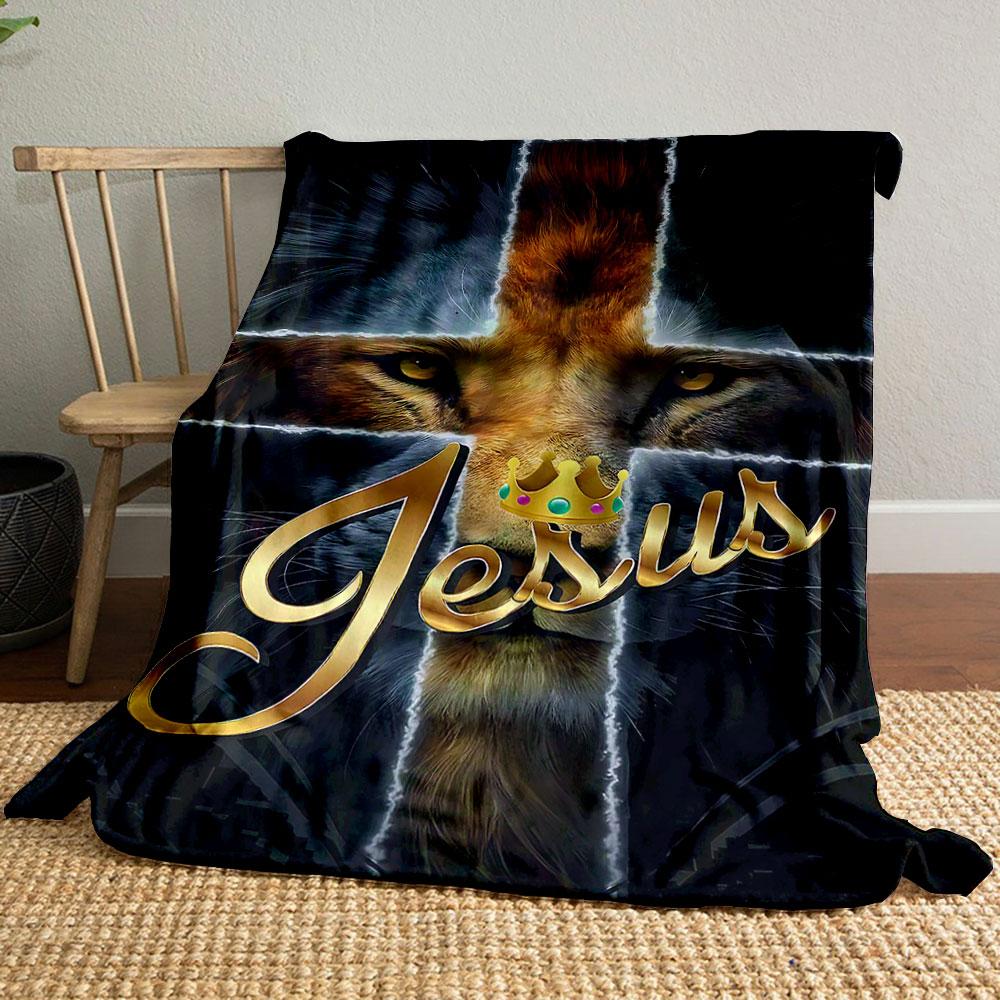 Lion and Cross with Jesus Crown Design Patterned blanket, flannel, suitable for all seasons, home decor, warm and cozy