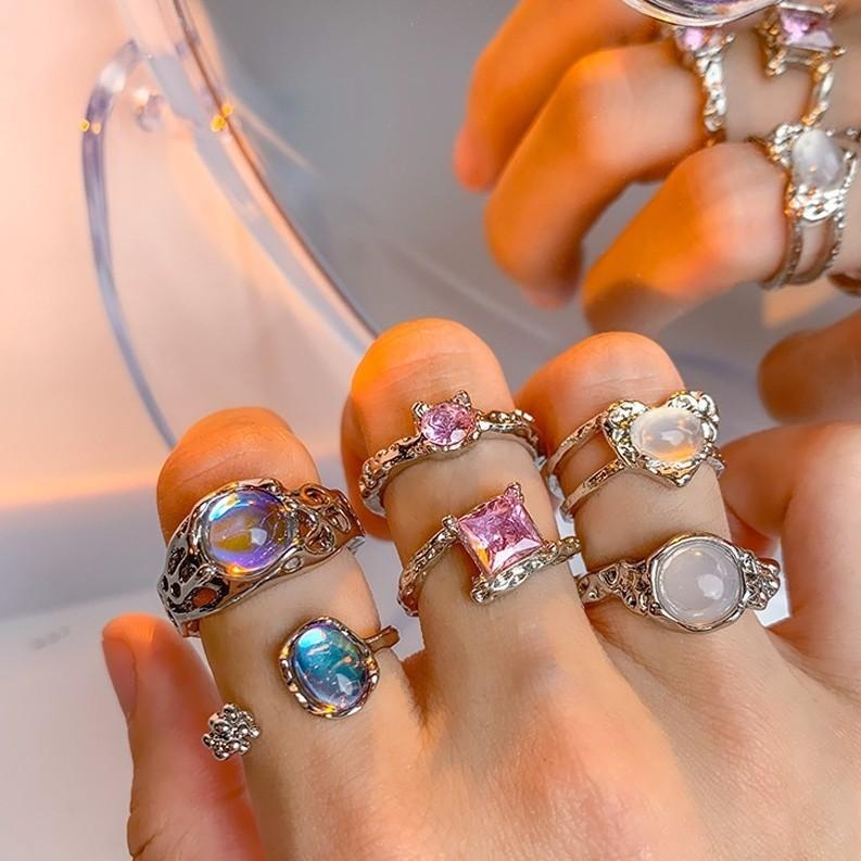 iF ME Zircon Silver Ring for Women Opening Sweet Pink Crystal Bow Heart Rings Accessories Jewelry