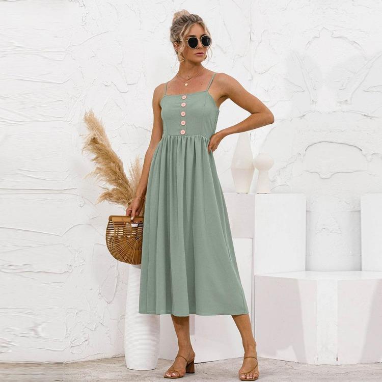 Женское летнее длинное платье однотонного цвета А-силуэта на тонких бретельках без рукавов с высокой талией и пуговицами, повседневное, милое, S-XL