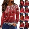 Women's Fashion Casual Slit Hem Round Neck Long Sleeve Loose Printed T-Shirt Ladies Top Christmas