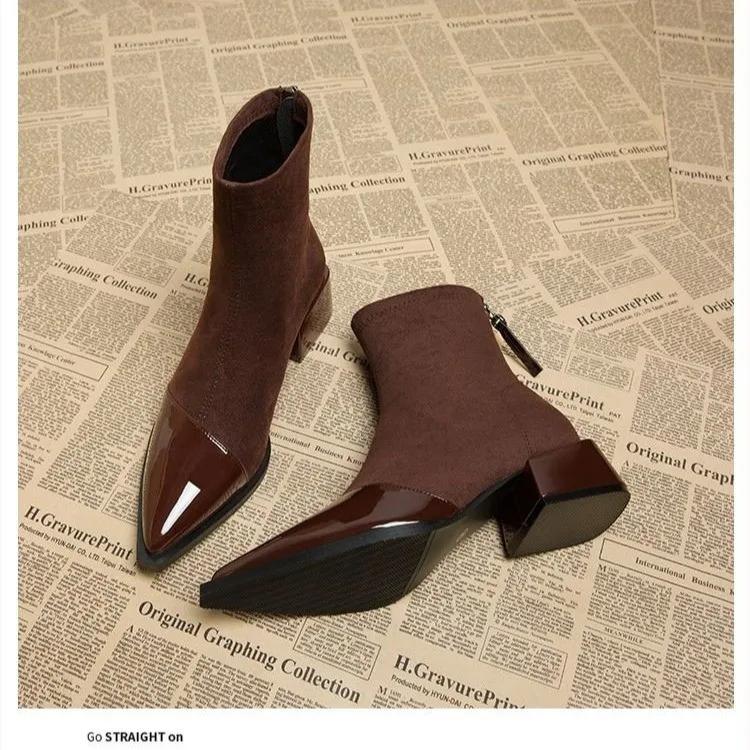 Женские ботильоны с острым носком и квадратным каблуком для улицы, однотонные, лаконичные, офисные, пэчворк, осенние, большого размера, полномерные 2024