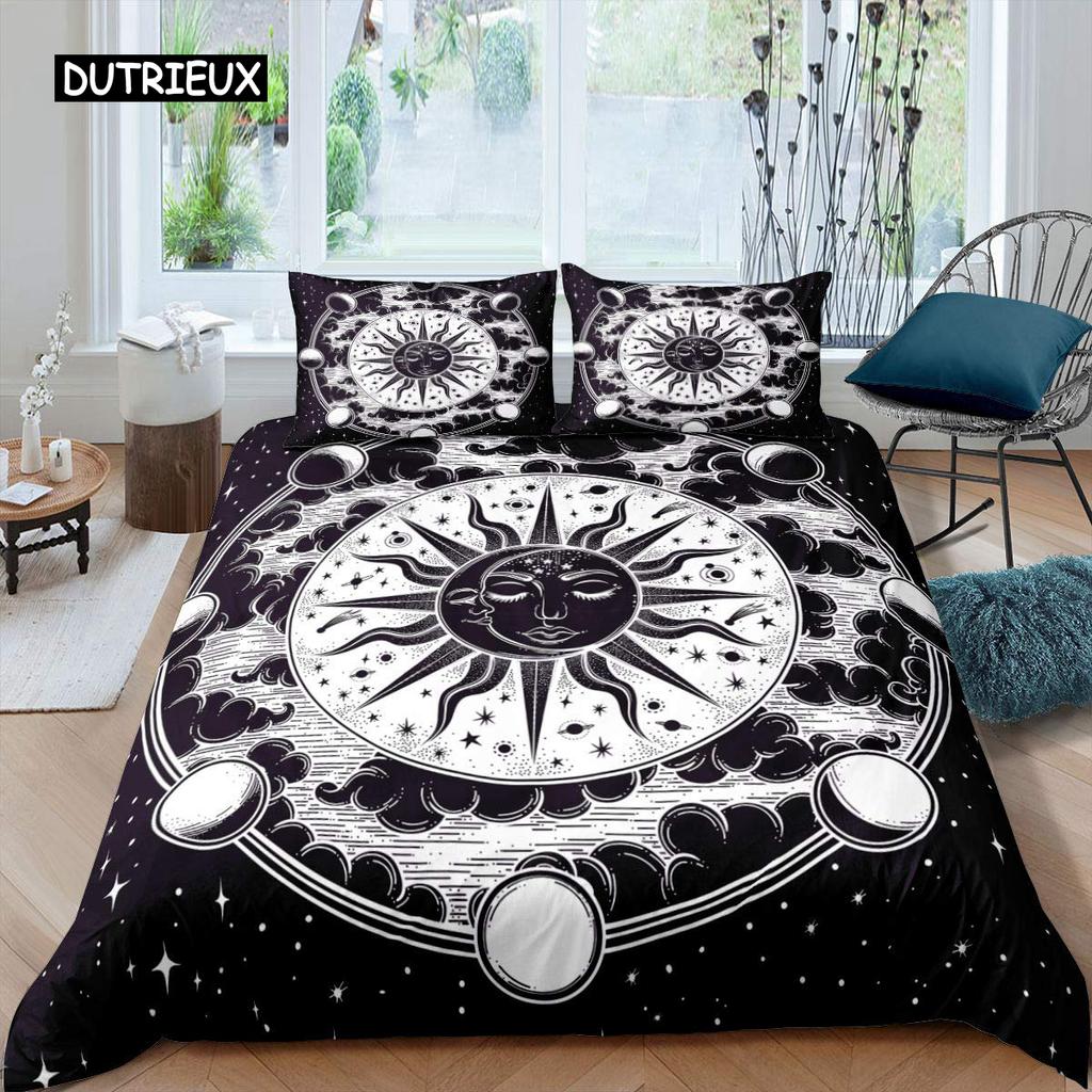 Комплект пододеяльника Sun Moon Queen Микрофибра Богемный Черно-белый принт Инь Ян Пододеяльник Галактика Звезда Полуторный Комплект постельного белья