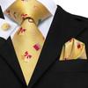 Hi-Tie Dark Gold Plaid Jacquard Mens Silk Tie Classic Necktie Cufflink Hanky Set
