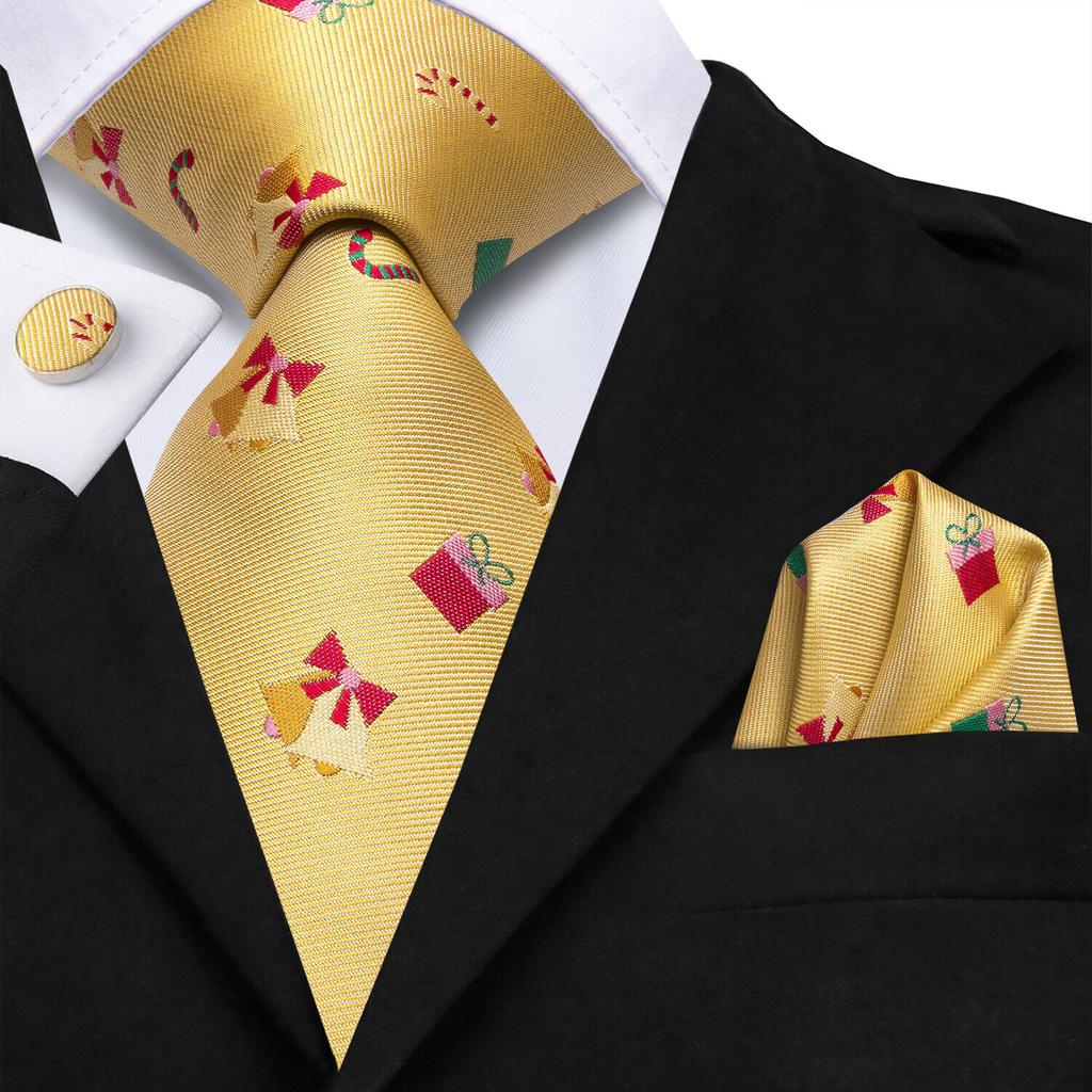 Hi-Tie Dark Gold Plaid Jacquard Mens Silk Tie Classic Necktie Cufflink Hanky Set