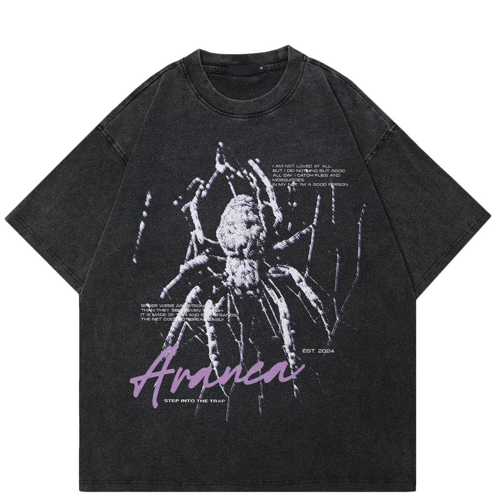 Уличная футболка унисекс с рисунком паука, хлопковая промытая черная футболка, топы унисекс, футболки, летняя футболка с короткими рукавами