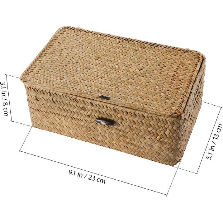 IMIKEYA Woven Storage Box Wicker Storage Bins with Lid Seagrass Basket Desktop Hand- Woven Box for Home Office Shelf Organizer