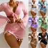 Sexy 4 Pieces Halter Bikinis Women Solid Swimwear Female Cover Up Swimsuit Long Sleeve and Skirt Bathing Suit Beachwear Summer