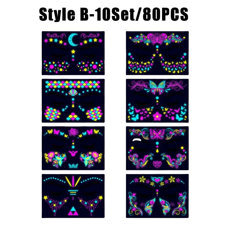 New Glow The Dark Tattoos Stickers Fake Face Temporary Tattoos Makeup UV Neon Floral Body Paint Tattoo Stickers Decorations