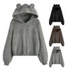 Women Coat Long Sleeves Ears Decor Loose Hooded Zipper Fit Fuzzy Coldproof Autumn Winter Thermal