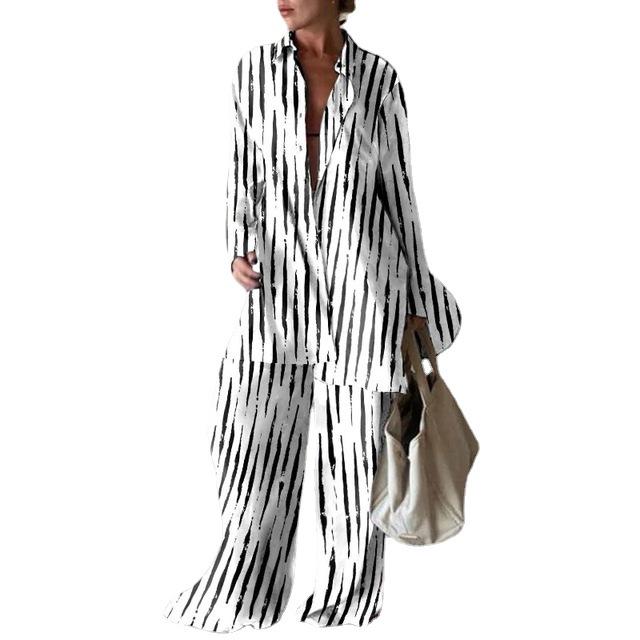 2022 Fall Women's Fashion Set: Printed Loose Long-Sleeve Shirt + Straight-Leg Pants