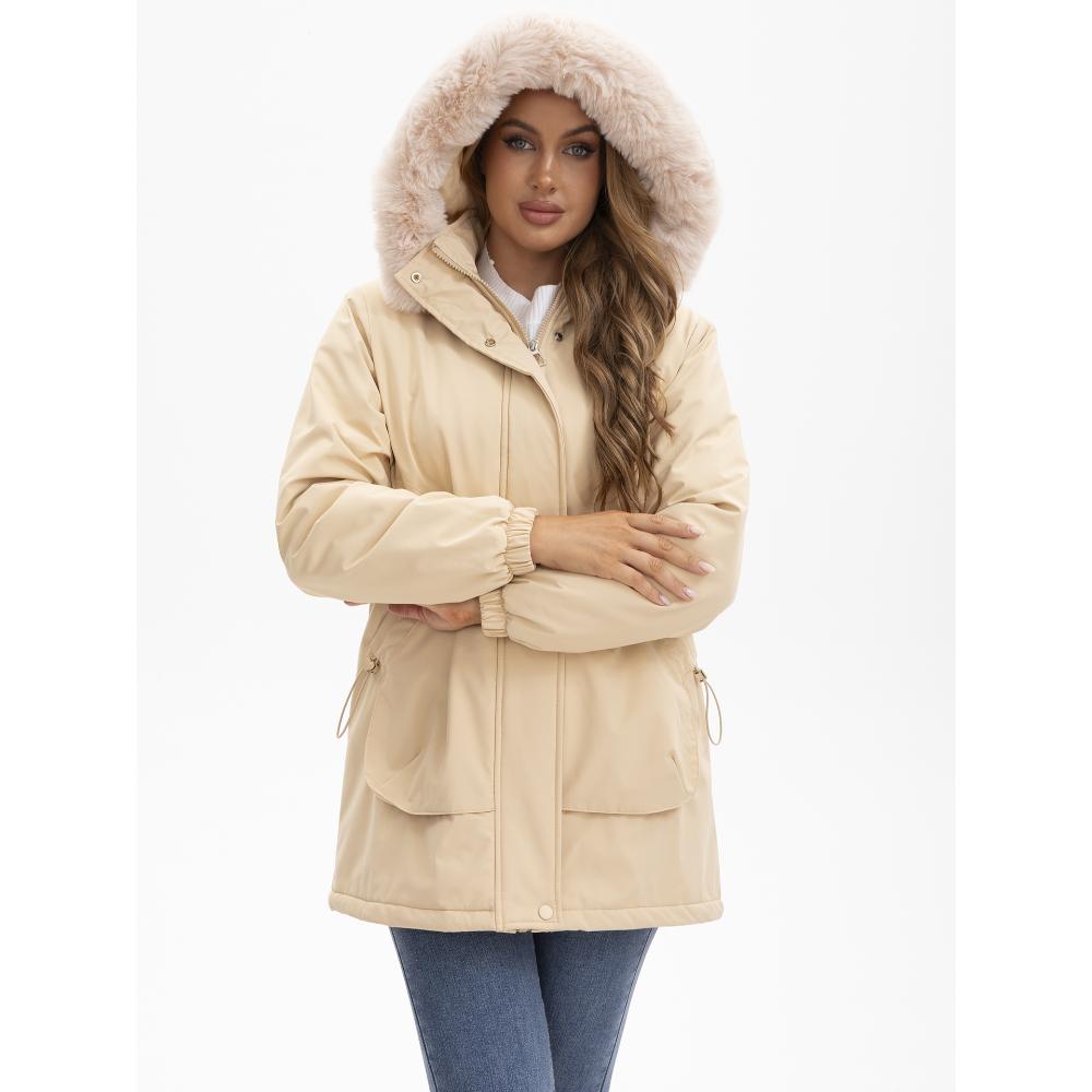 European and American-style Long Winter Parka for Women, with Fleece Lining and Large Fur Collar