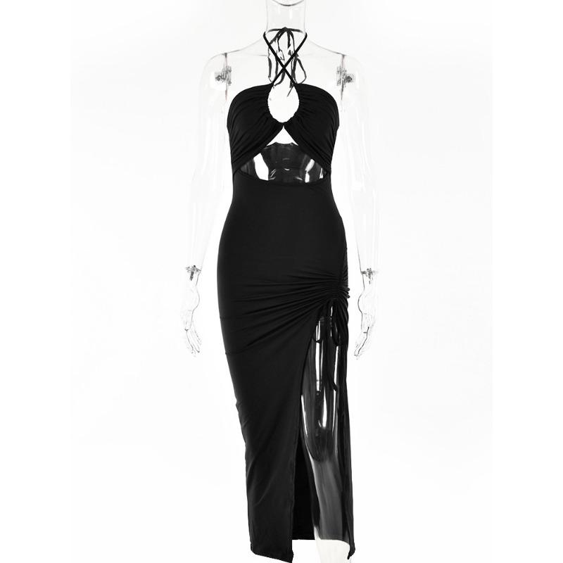 Hollow Out Drawstring Dress Women Sleeveless Backless High Split Elegant Ruched Dress Vestidos Partywear Robe Sexy Femme