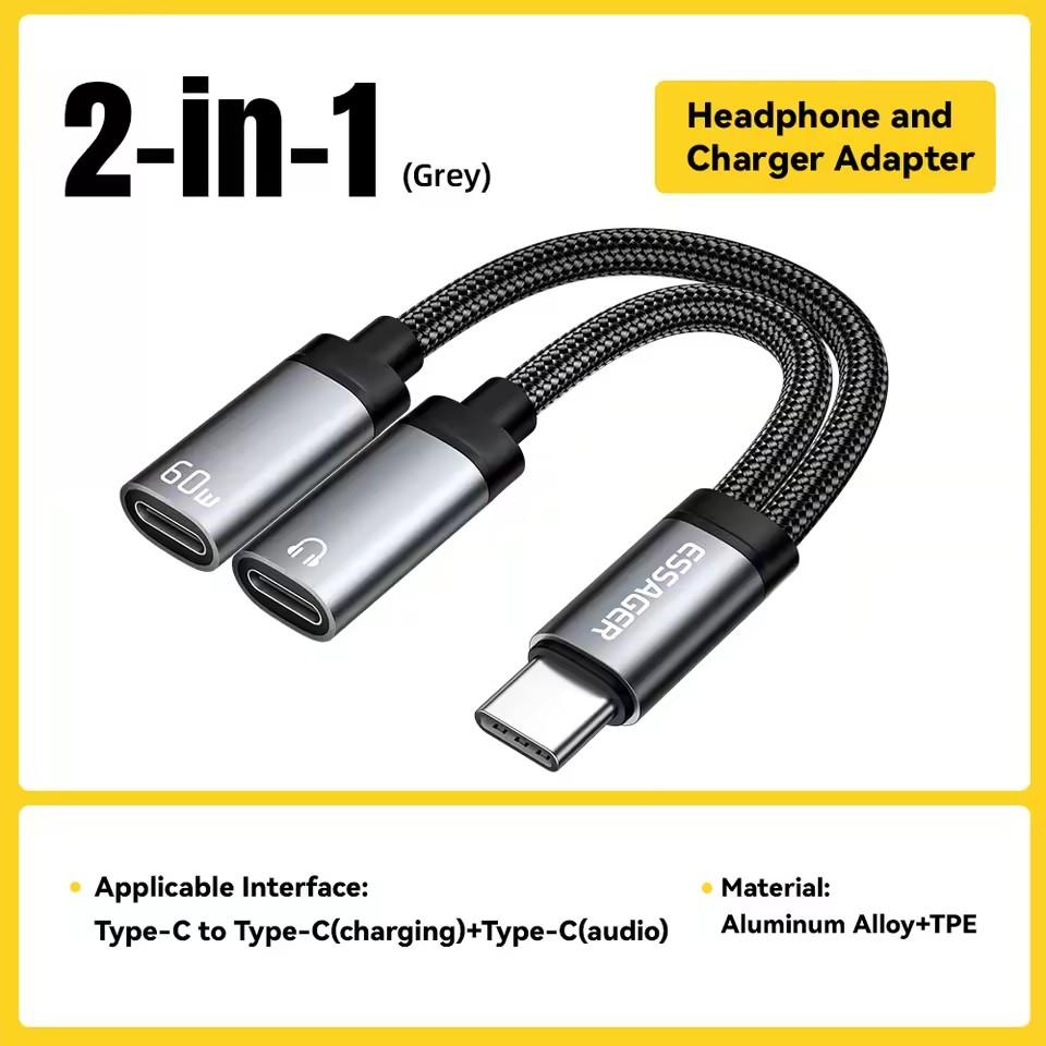 Essager 2 в 1 Type C на 3,5 мм AUX кабель адаптер для наушников PD 60 Вт быстрая зарядка для iPhone 16 15 Samsung Xiaomi 14 13 планшетных ПК