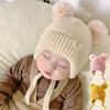 Cute Double Pompom Baby Winter Hat Warm Knitted Ear Protection Cap Toddler Boy Girl Thicken Cotton Lining Earmuffs Beanie