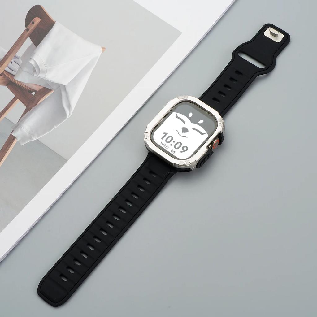 Ремешок+Чехол для Apple Watch 49мм 44 45 46ММ TPU+PC Защитный Бампер Силиконовый Ремешок для Iwatch Серии 10 9 8 7 6 5 4 Se Ultra 1 2