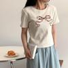 New Arrivals Open Run Women Ribbon Print Cotton White Short Sleeve Slim Fit  55