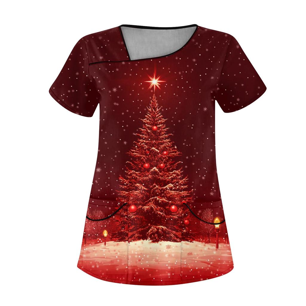 Женская рабочая одежда с рождественским принтом, покатый воротник и двухслойные карманы, базовый пуловер сверху