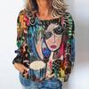 Funny Women's T-shirts Abstract Doodle Print Fashion Long Sleeves T Shirt Street Casual Pullover Loose Women Clothing Y2K Tops