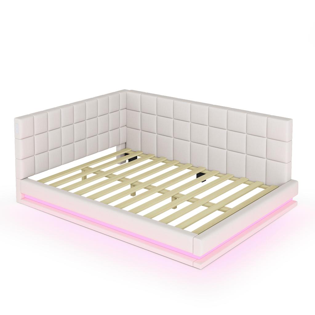 Upholstered bed sofa bed 140*200 multifunctional bed with LED light strip, USB socket and slatted frame, skin-friendly linen beige