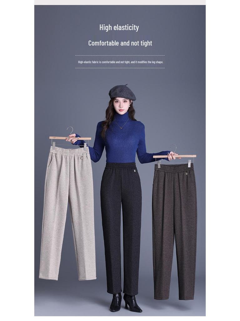 Women's Fleece-Lined Elastic Waist High-Waist Loose Straight-Leg Pants for Spring and Autumn