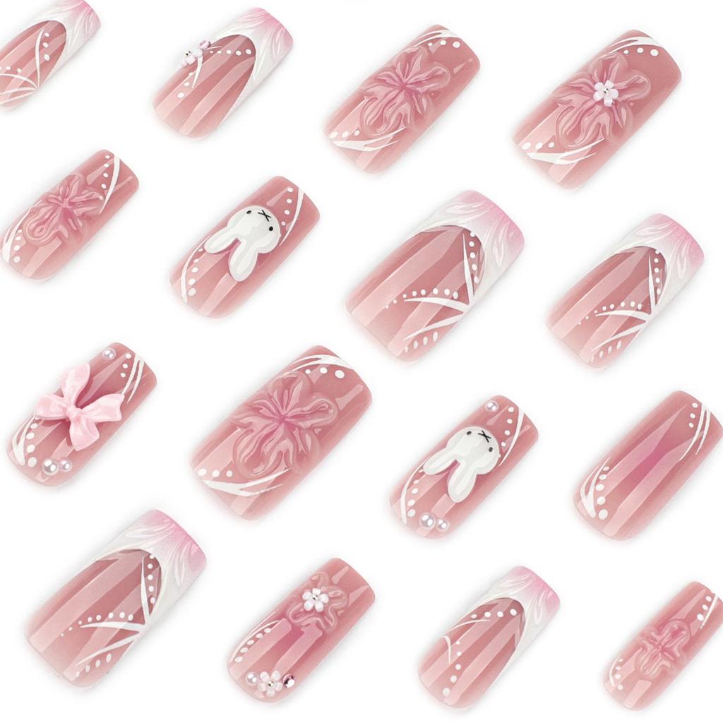 3D цветочные носимые ногти - Милый кролик с бантом, накладной дизайн ногтей.