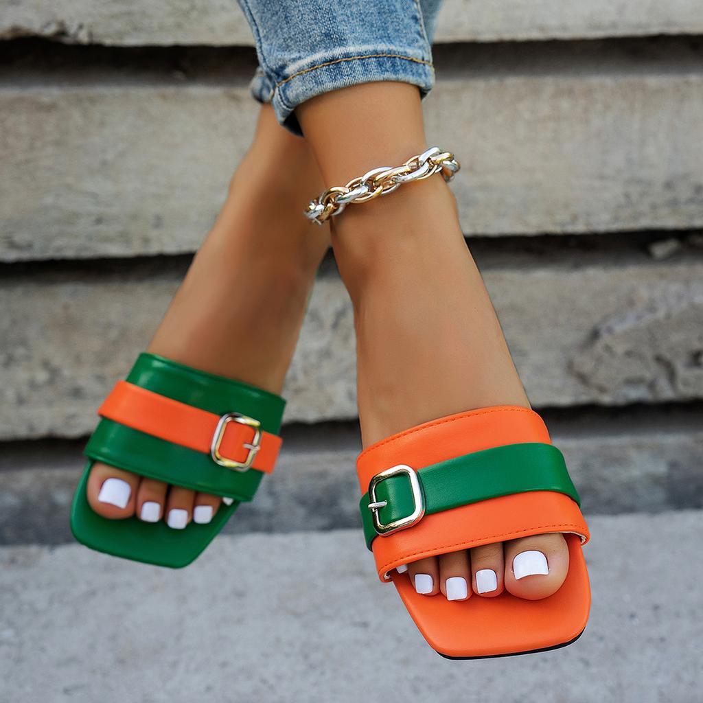 Женские плоские тапочки Летние кожаные женские шлепанцы с квадратным носком Дизайнерские женские шлепанцы Сандалии Женская обувь Роскошные сандалии