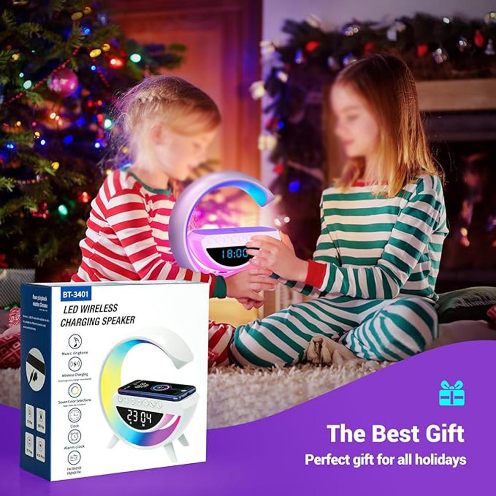 Smart BT Speaker Alarm Clock with Wireless Charging Ambient Lamp with 6 Light Modes for Bedroom Home Office