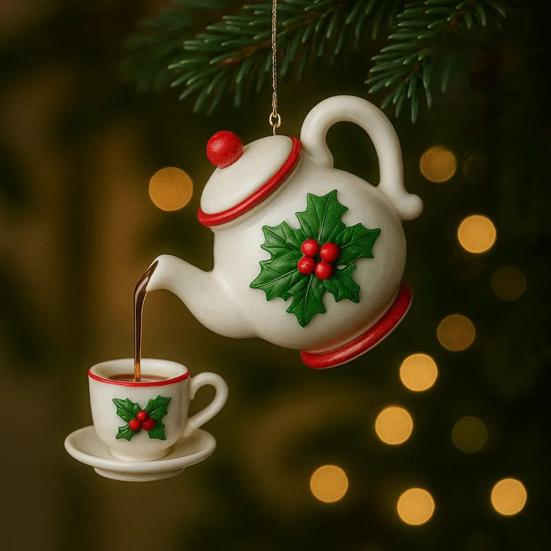 Винтажный чайник и чайная чашка Рождественское украшение со снежинкой